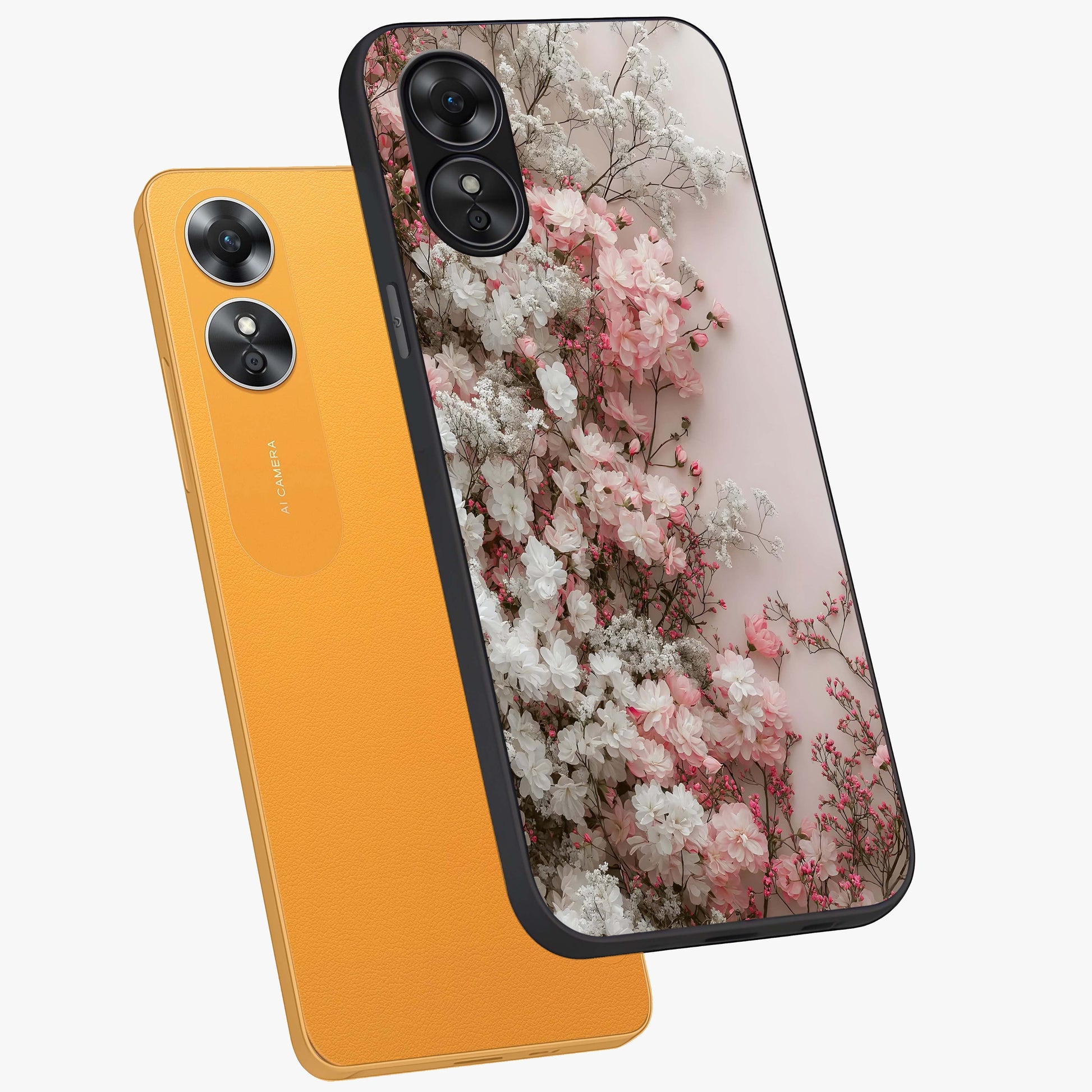 Blush Blossom Cloud Glass Case displayed in angled mockup highlighting soft cloud and blossom design with pastel aesthetic.