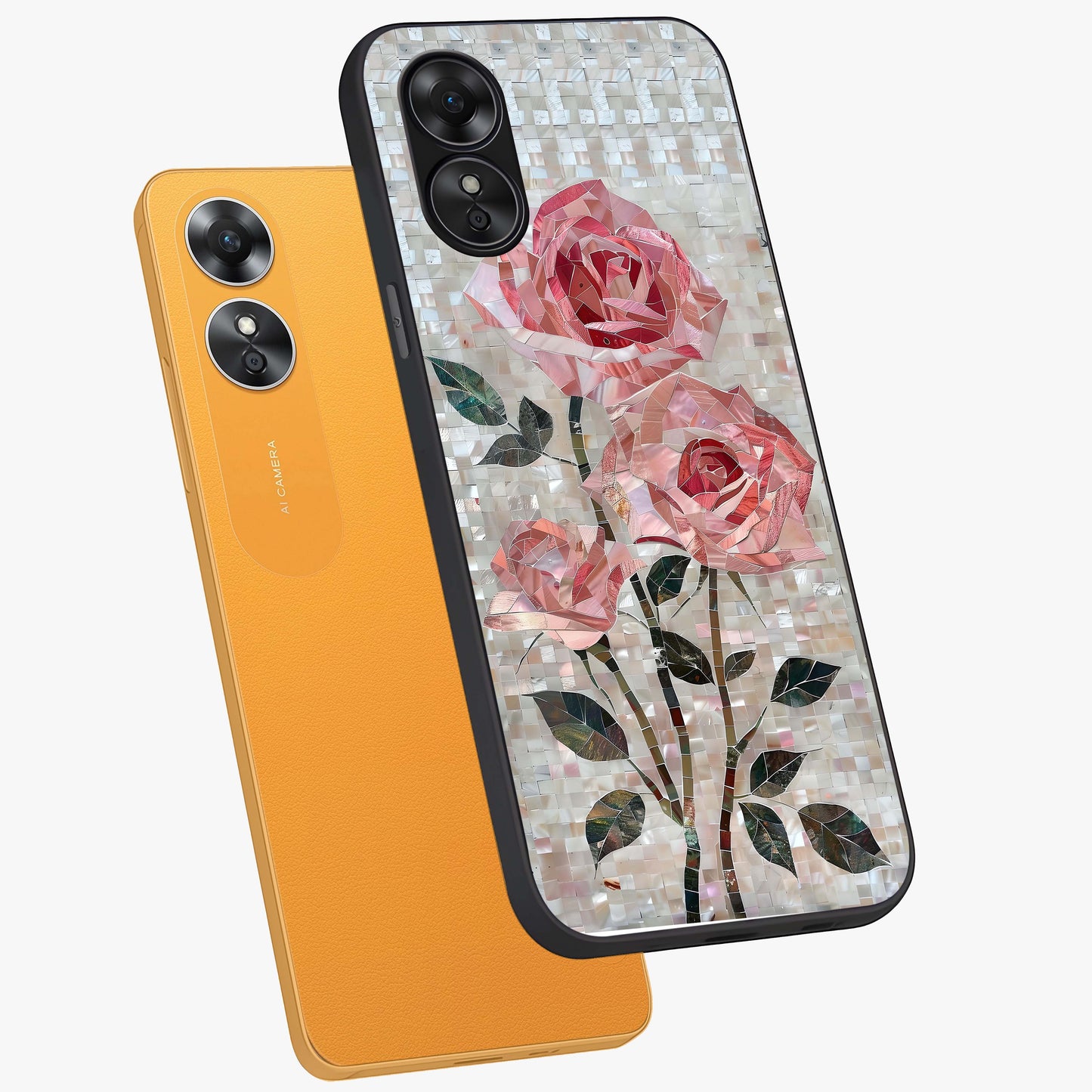 Blush Mosaic Bloom Glass Case displayed in angled mockup highlighting artistic mosaic flower pattern with aesthetic design.