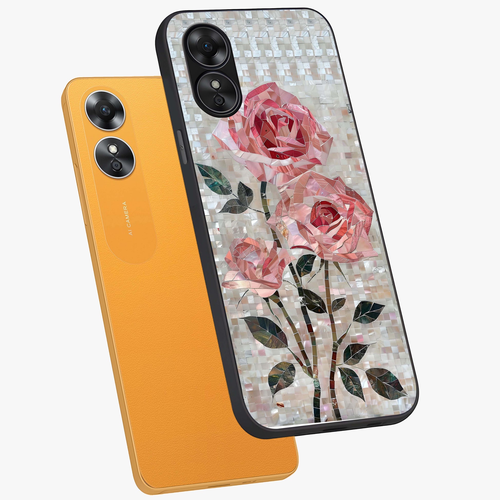 Blush Mosaic Bloom Glass Case displayed in angled mockup highlighting artistic mosaic flower pattern with aesthetic design.