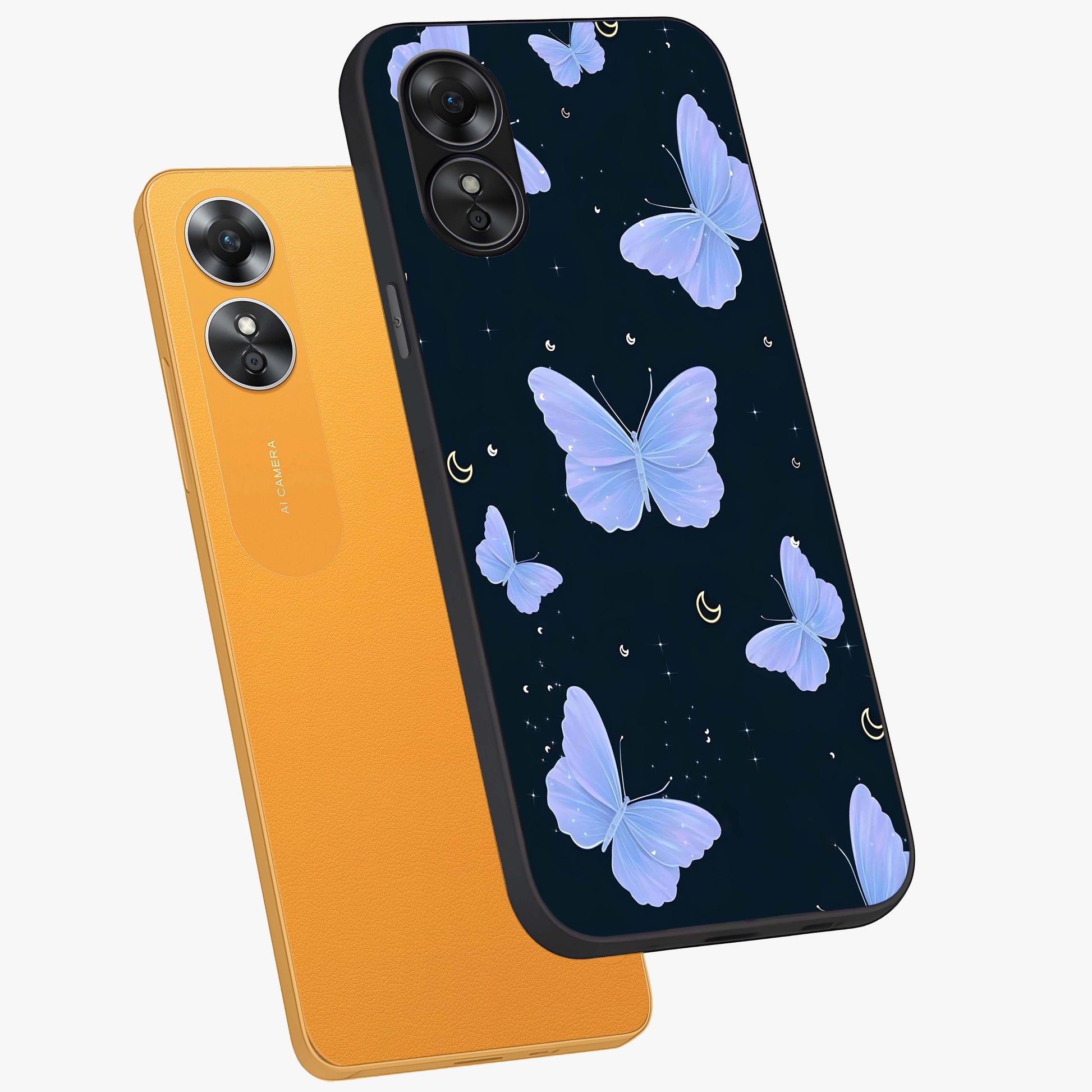 Butterfly With Stars Pattern Glass Case displayed in angled mockup highlighting dreamy butterfly and star design with aesthetic theme.