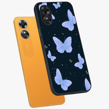 Butterfly With Stars Pattern Glass Case displayed in angled mockup highlighting dreamy butterfly and star design with aesthetic theme.