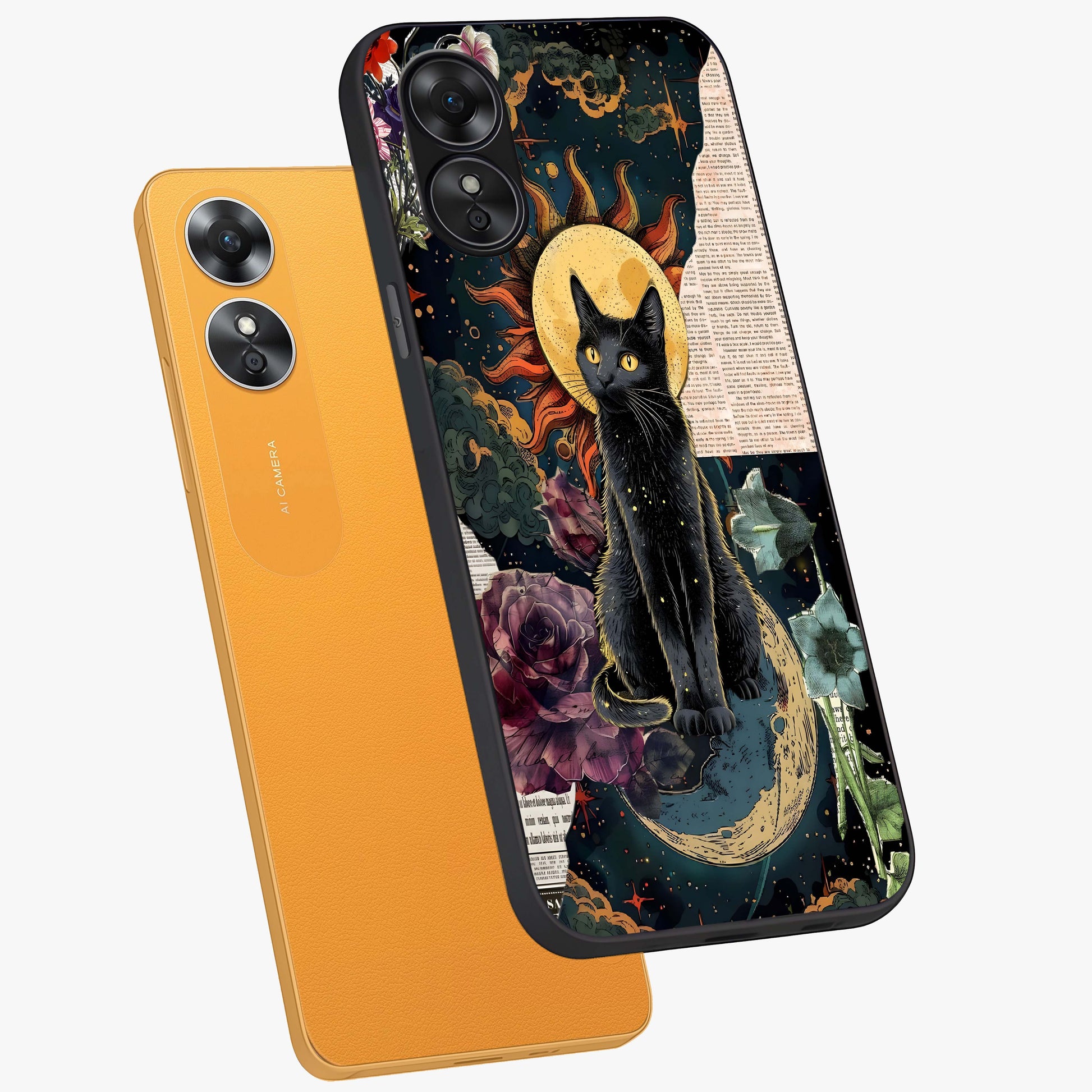 Celestial Black Cat Glass Case displayed in angled mockup highlighting cosmic black cat design with celestial aesthetic.