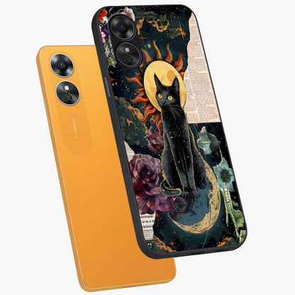 Celestial Black Cat Glass Case displayed in angled mockup highlighting cosmic black cat design with celestial aesthetic.