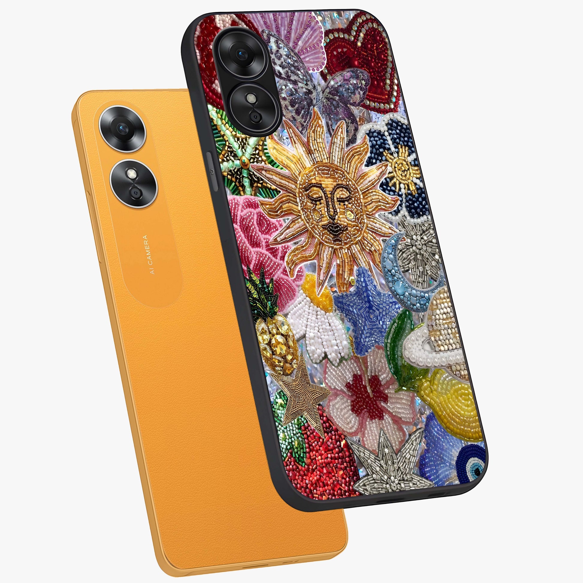 Celestial Floral and Playful Glass Case displayed in angled mockup highlighting playful floral design with dreamy celestial elements.
