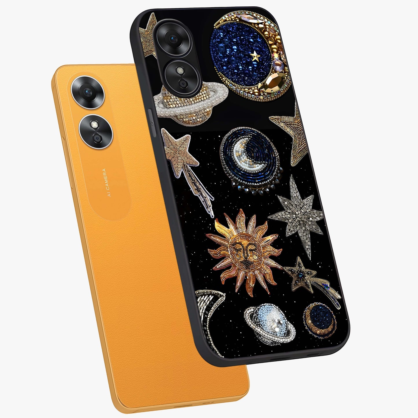 Celestial Gem Constellations Glass Case displayed in angled mockup highlighting gemstone inspired constellation design.