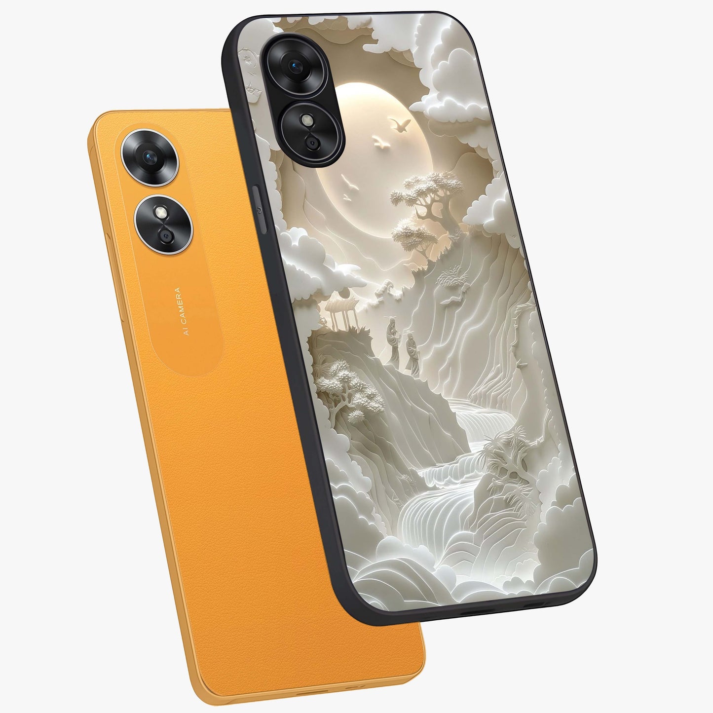 Celestial Origami Glass Case displayed in angled mockup highlighting geometric origami design with cosmic aesthetic theme.