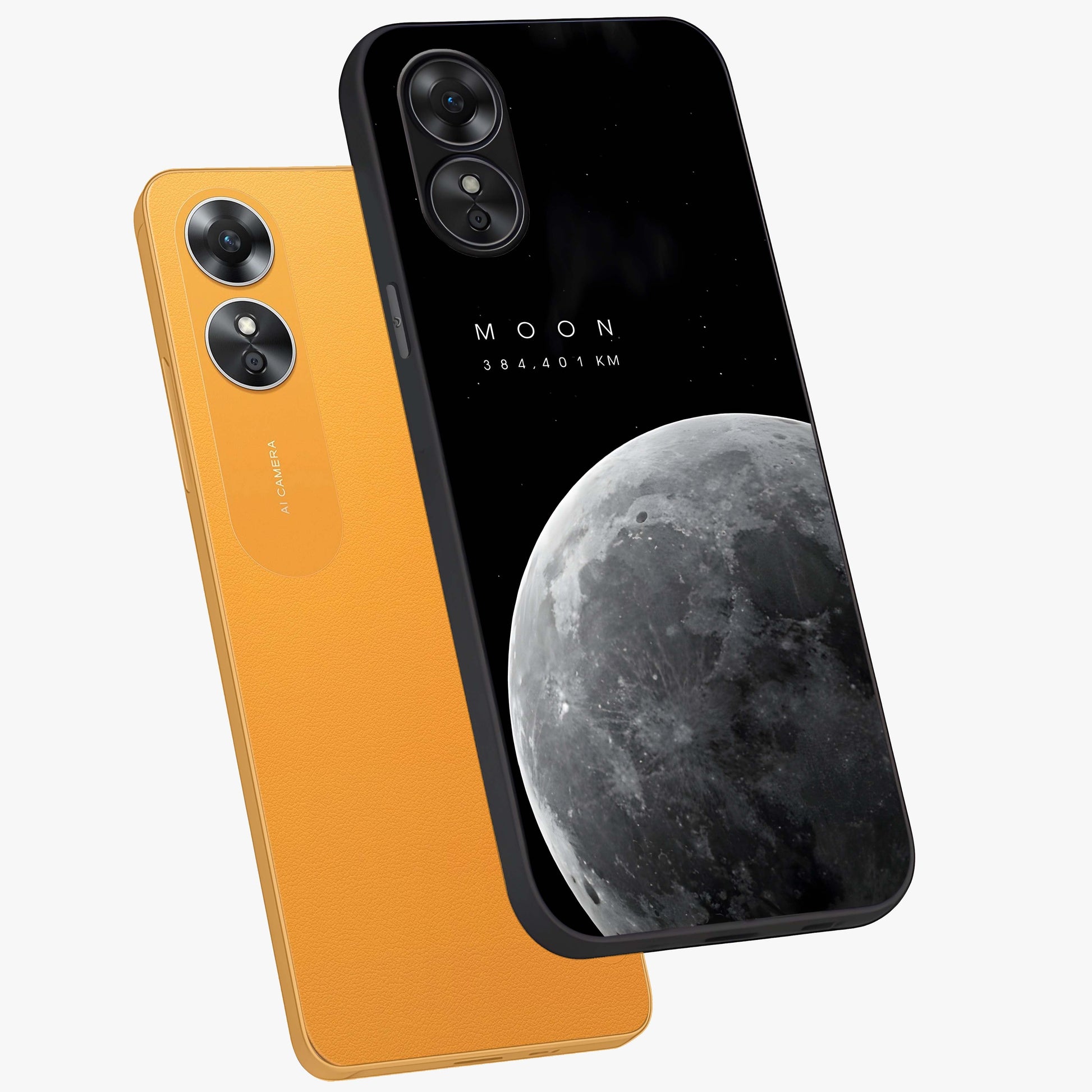 Cosmic Moon Glow Glass Case displayed in angled mockup highlighting celestial moon design with cosmic aesthetic theme.