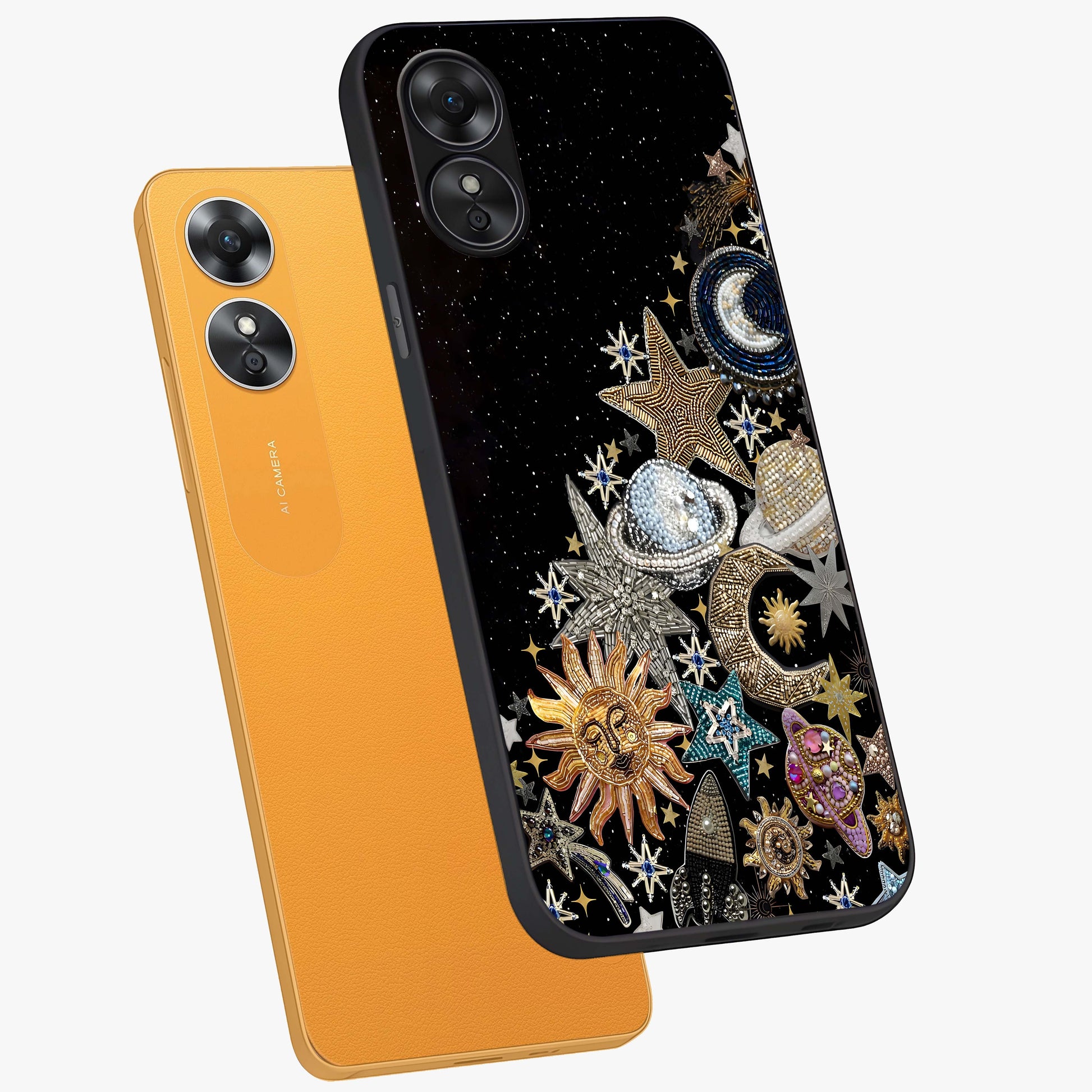 Cosmic Sparkle Dreams Glass Case displayed in angled mockup highlighting dreamy star sparkle design with celestial aesthetic.