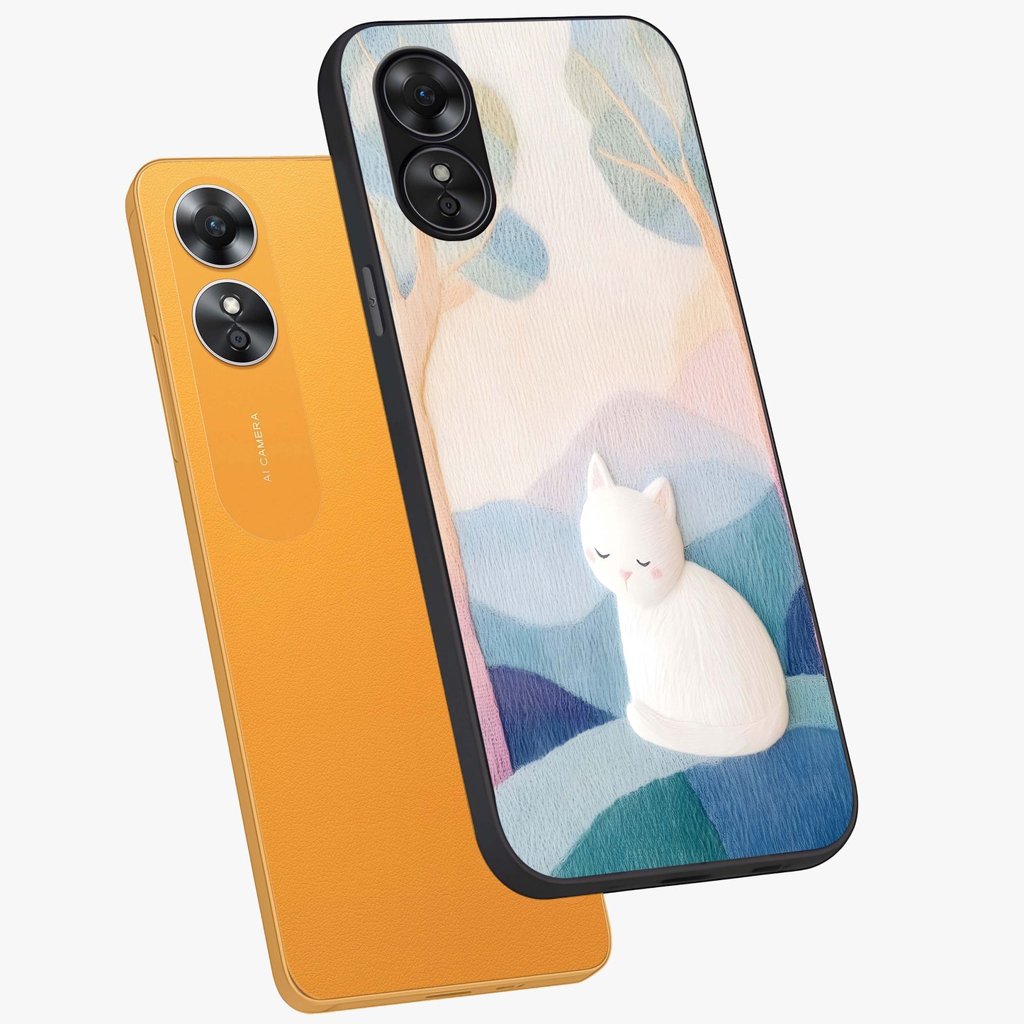 Cotton Dream Cat Glass Case displayed in angled mockup highlighting cute feline illustration with pastel aesthetic style.