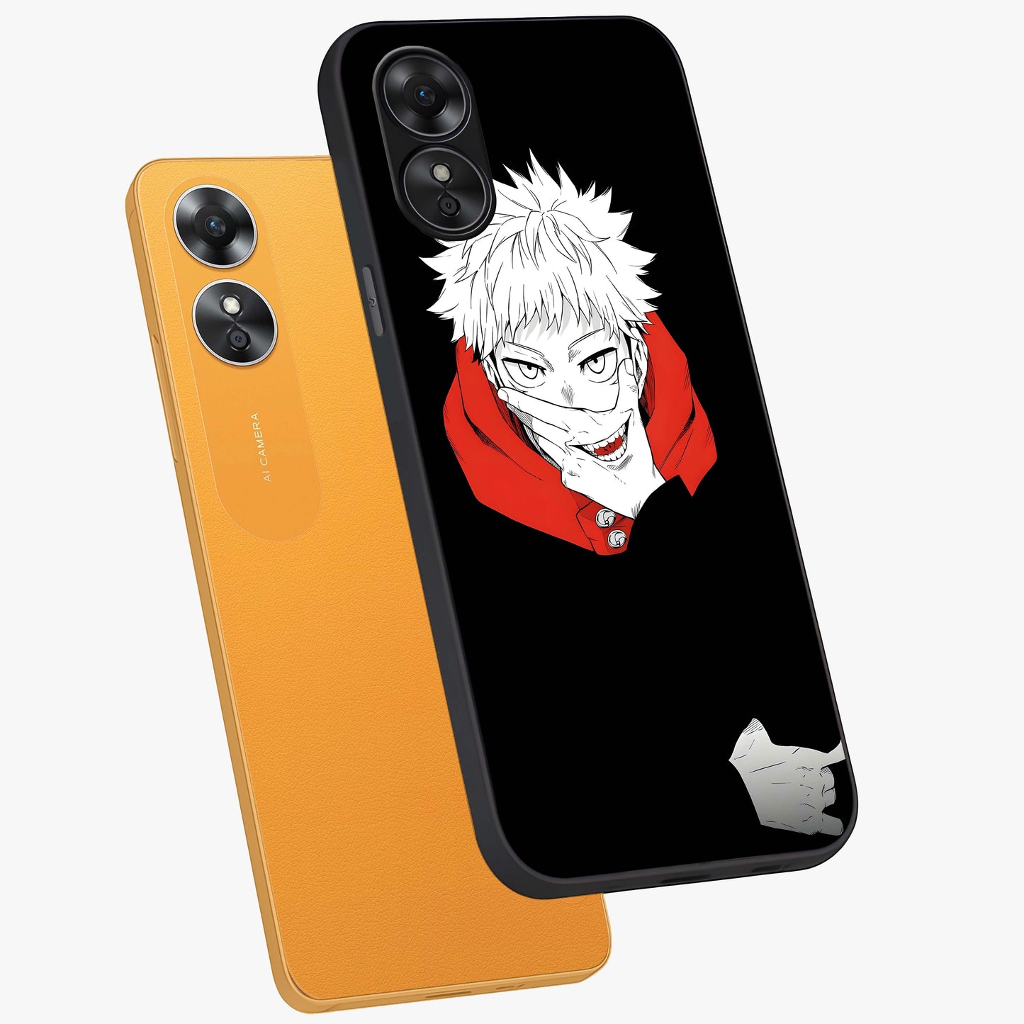 Crimson Chaos Smile Glass Case displayed in angled mockup highlighting edgy crimson smile design with graphic aesthetic.