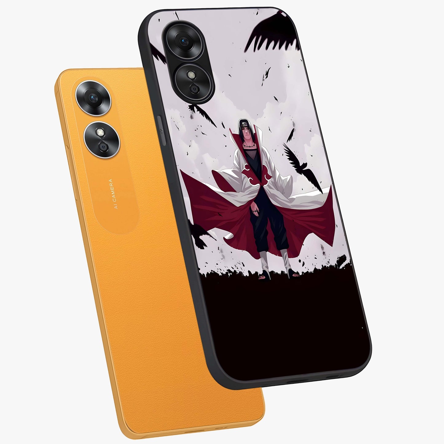 Crimson Crow Ascension Glass Case displayed in angled mockup highlighting powerful crow illustration with dark crimson aesthetic.