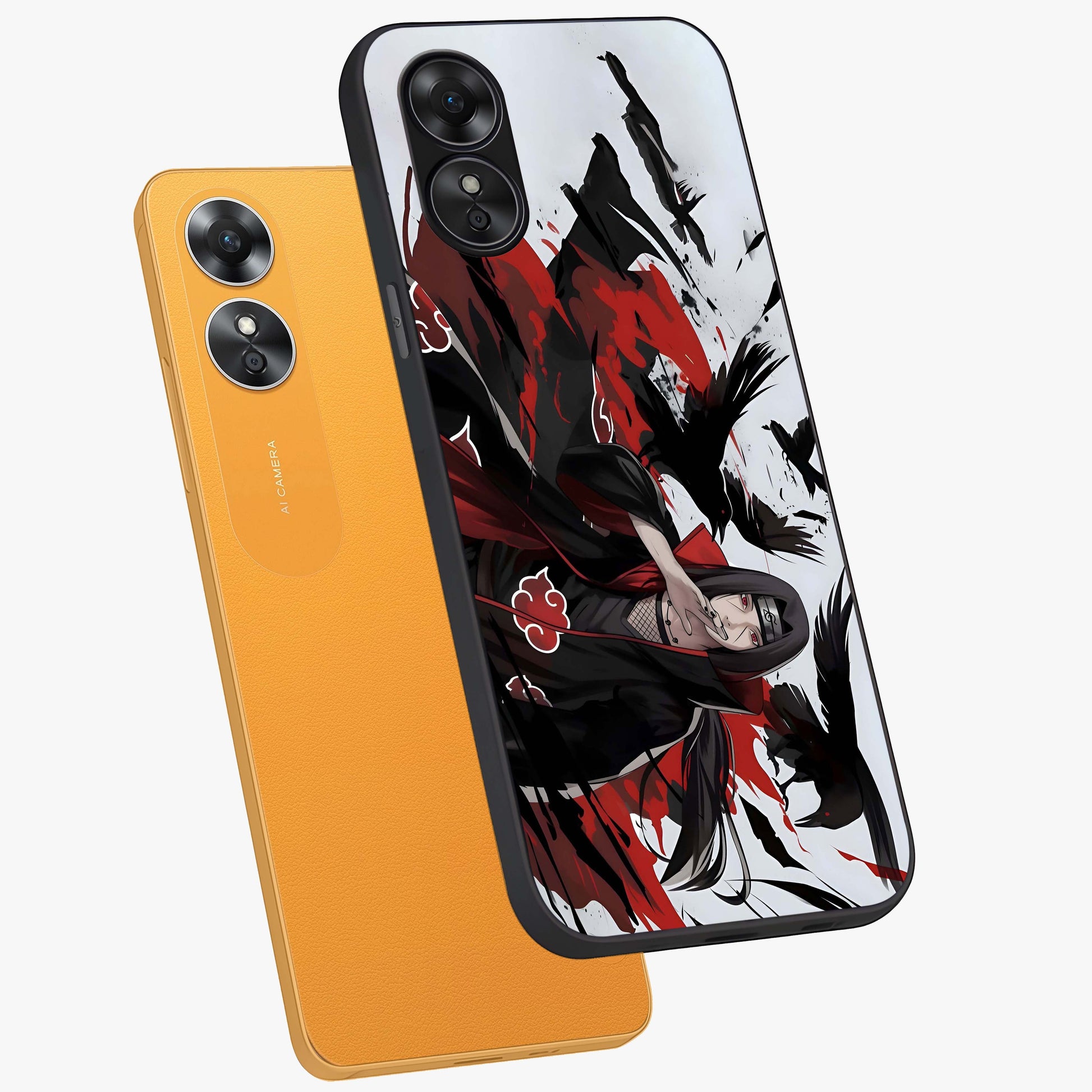 Crimson Crow Illusion Glass Case displayed in angled mockup highlighting mysterious crow graphic with dark aesthetic style.