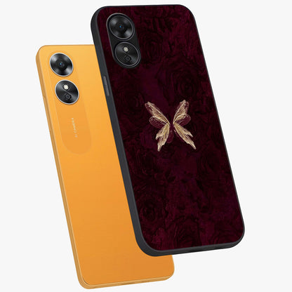 Crimson Fade Butterfly Glass Case displayed in angled mockup highlighting elegant butterfly design with crimson gradient aesthetic.