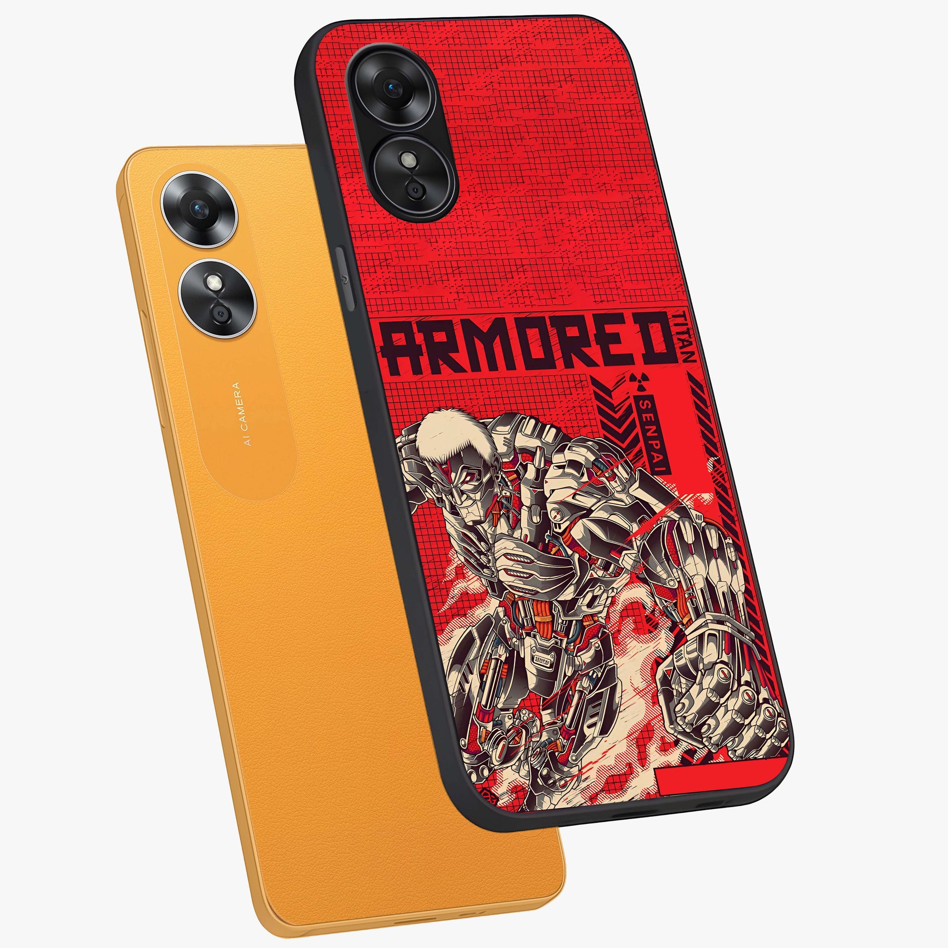 Crimson Mecha Titan Glass Case displayed in angled mockup highlighting futuristic mech illustration with bold crimson aesthetic.