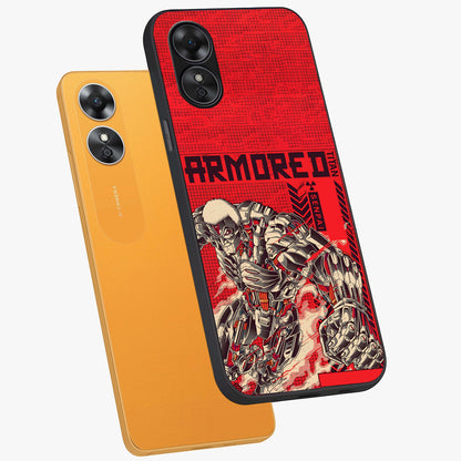Crimson Mecha Titan Glass Case displayed in angled mockup highlighting futuristic mech illustration with bold crimson aesthetic.