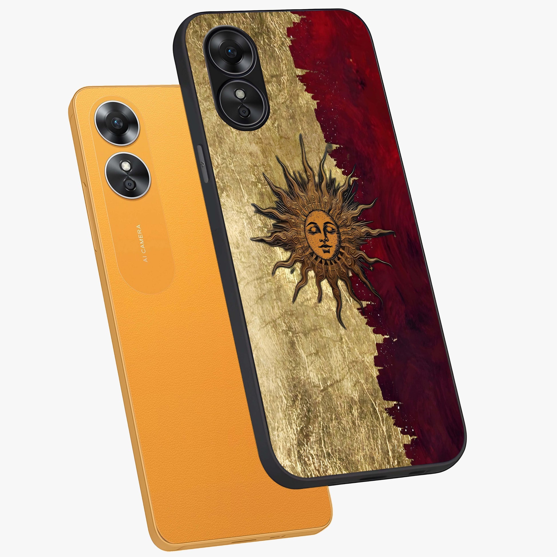 Crimson Sun Majesty Glass Case displayed in angled mockup highlighting majestic crimson sun design with bold aesthetic style.