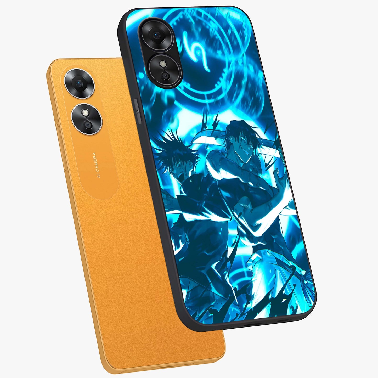 Cursed Energy Clash Glass Case displayed in angled mockup highlighting powerful battle inspired graphic with anime style aesthetic.