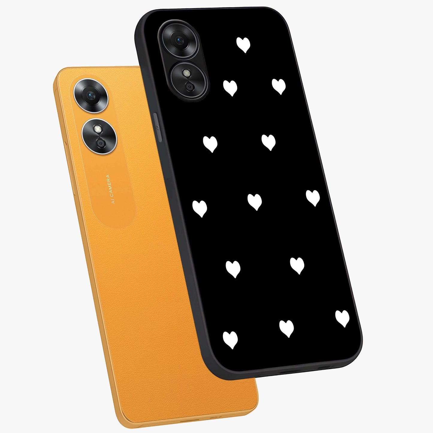 Cute And Simple White Hearts Glass Case displayed in angled mockup highlighting cute heart design with clean aesthetic style.