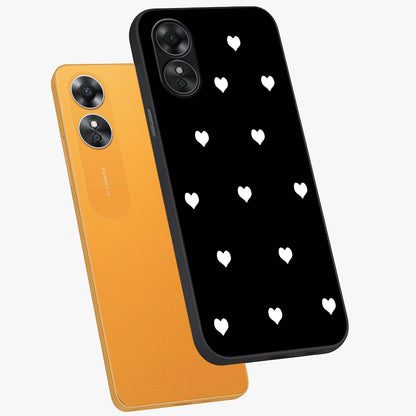 Cute And Simple White Hearts Glass Case displayed in angled mockup highlighting cute heart design with clean aesthetic style.