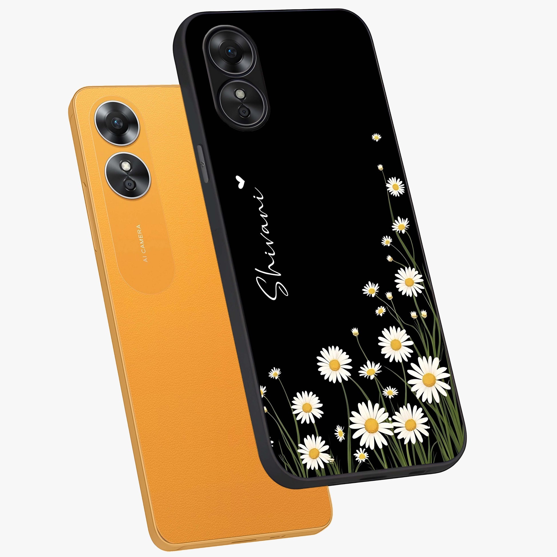 Daisy Cascade Custom Name Glass Case displayed in angled mockup highlighting delicate daisy artwork with custom name feature.