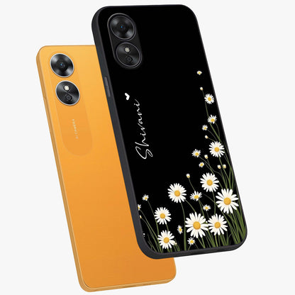 Daisy Cascade Custom Name Glass Case displayed in angled mockup highlighting delicate daisy artwork with custom name feature.