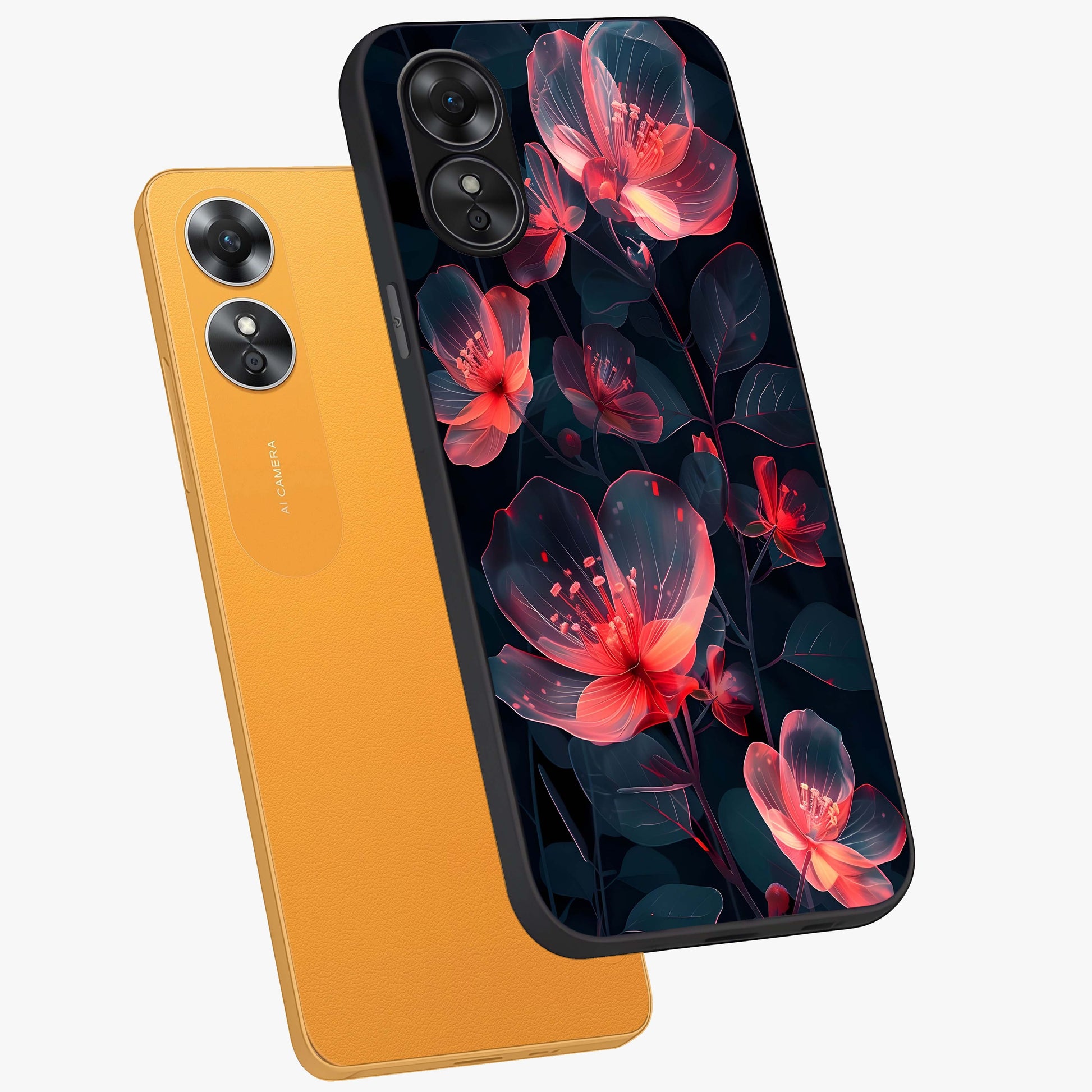 Dark Shade of Flower Glass Case displayed in angled mockup highlighting moody floral illustration with aesthetic dark tones.