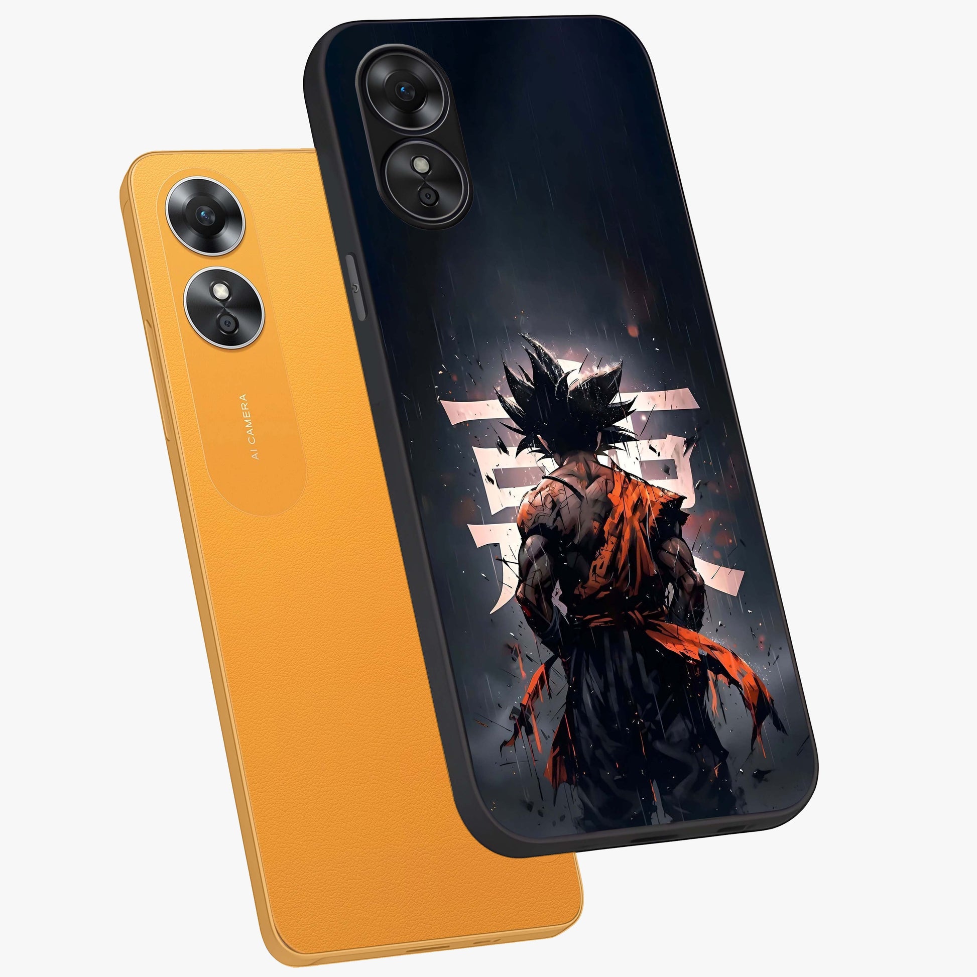 Dark Warrior In Rain Glass Case displayed in angled mockup highlighting dramatic warrior illustration with dark rain aesthetic.