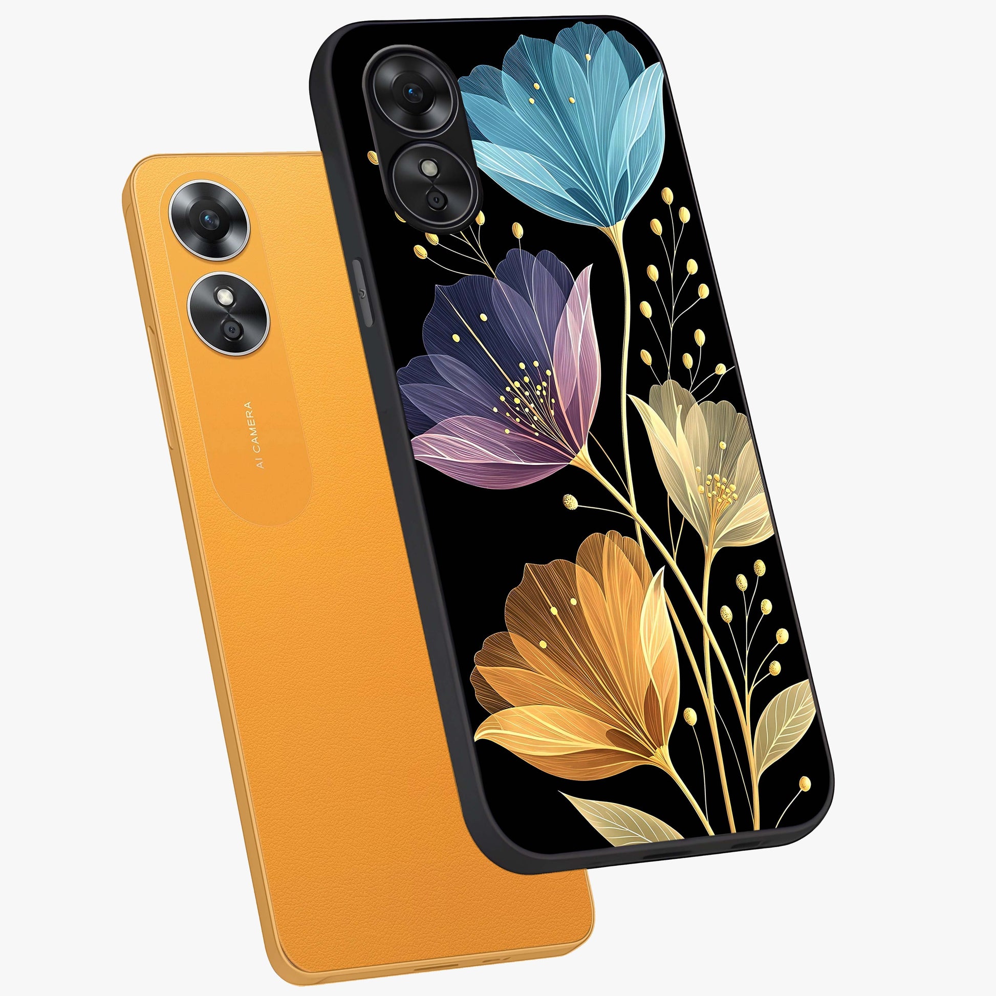 Delicate Multicolor Flowers Glass Case displayed in angled mockup highlighting colorful flower pattern with soft aesthetic style.