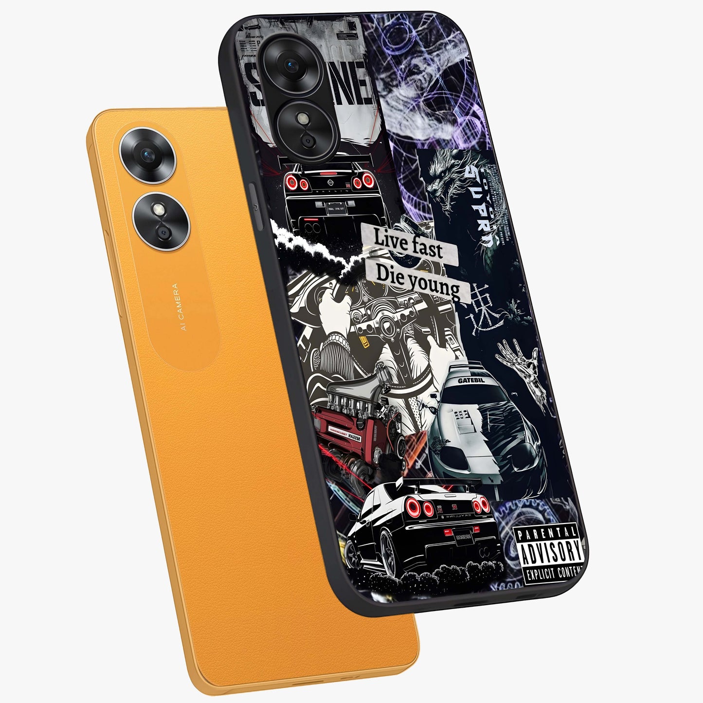 Die Young Glass Case displayed in angled mockup highlighting expressive graphic artwork with edgy aesthetic style.
