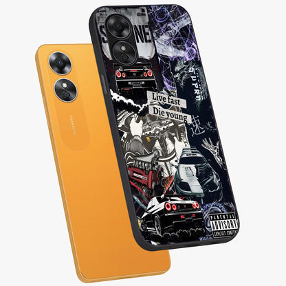 Die Young Glass Case displayed in angled mockup highlighting expressive graphic artwork with edgy aesthetic style.
