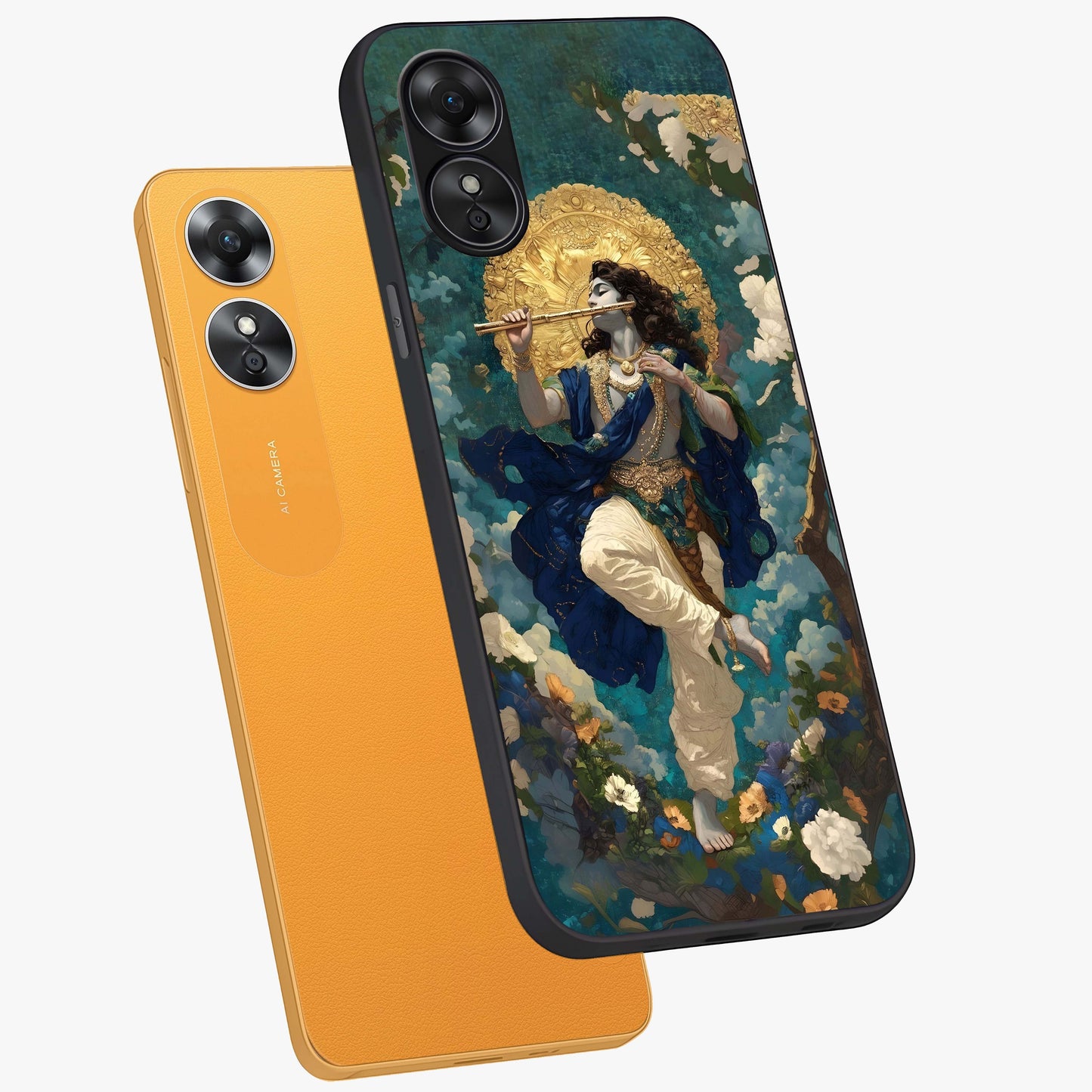 Divine Krishna Art Glass Case displayed in angled mockup highlighting spiritual Krishna illustration with devotional aesthetic.