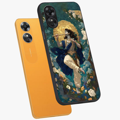 Divine Krishna Art Glass Case displayed in angled mockup highlighting spiritual Krishna illustration with devotional aesthetic.