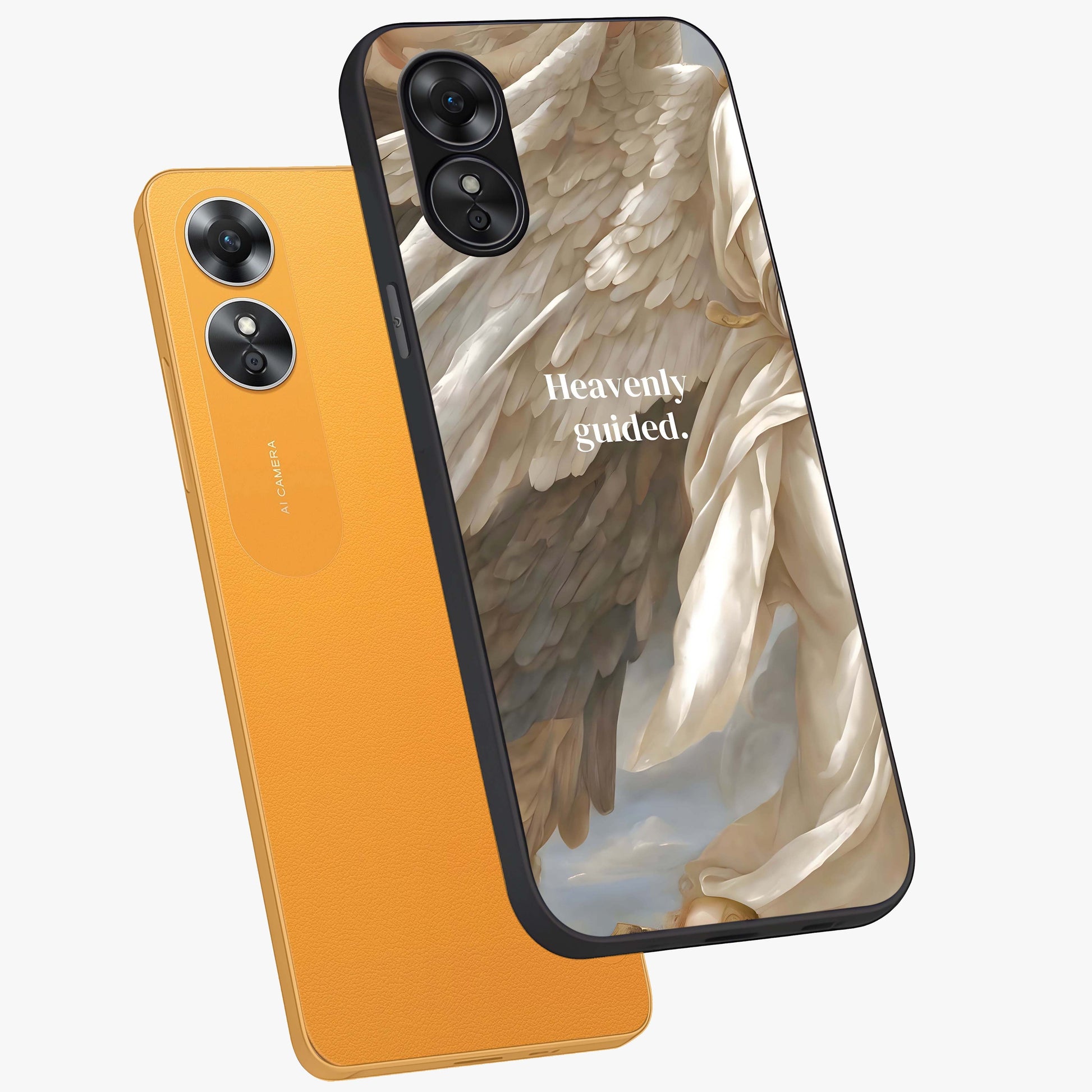 Divine Winged Grace Glass Case displayed in angled mockup highlighting graceful wing design with divine aesthetic style.