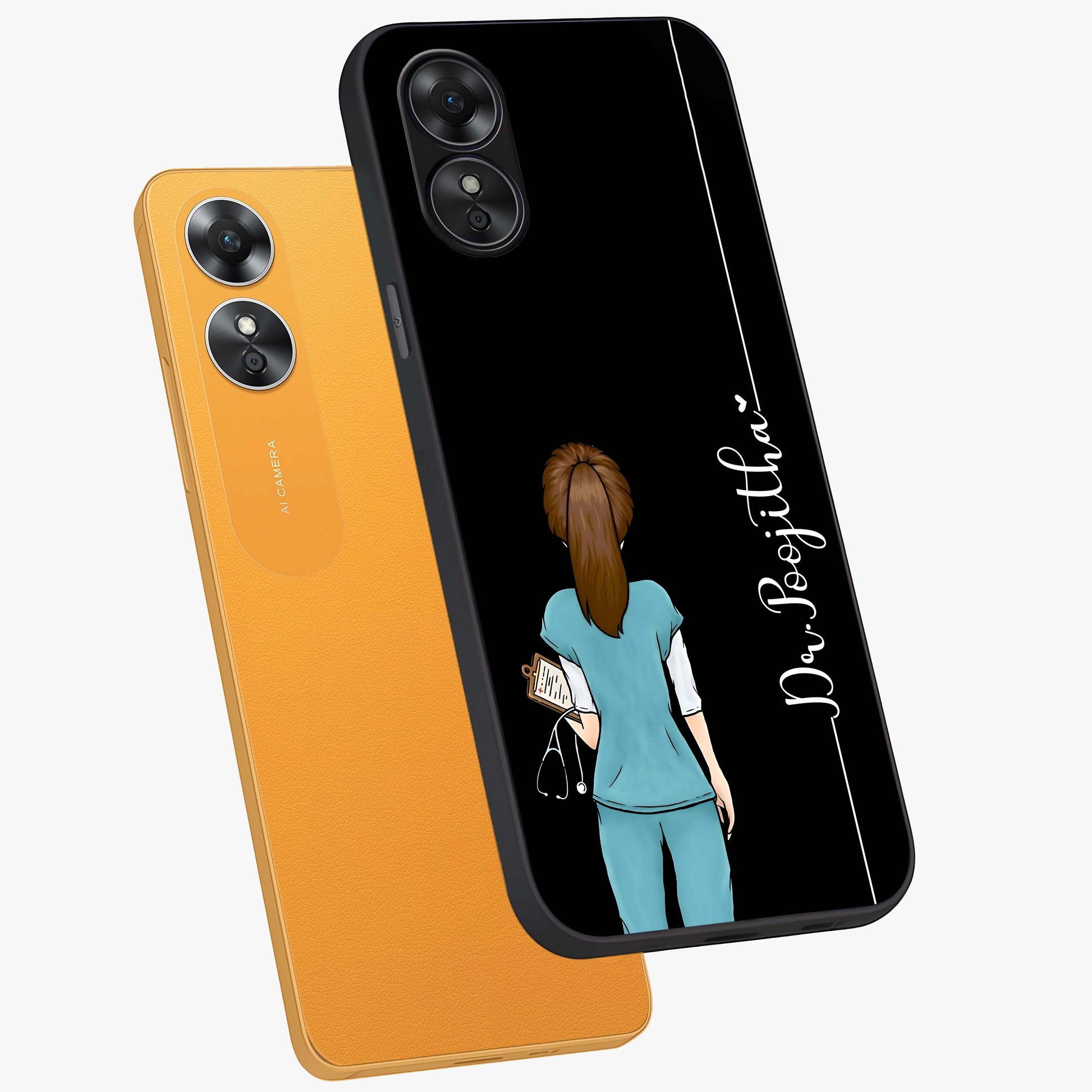 Doctor Pattern Custom Name Glass Case displayed in angled mockup highlighting doctor inspired artwork with custom name feature.