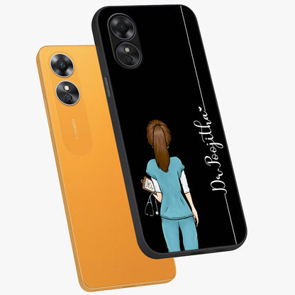 Doctor Pattern Custom Name Glass Case displayed in angled mockup highlighting doctor inspired artwork with custom name feature.