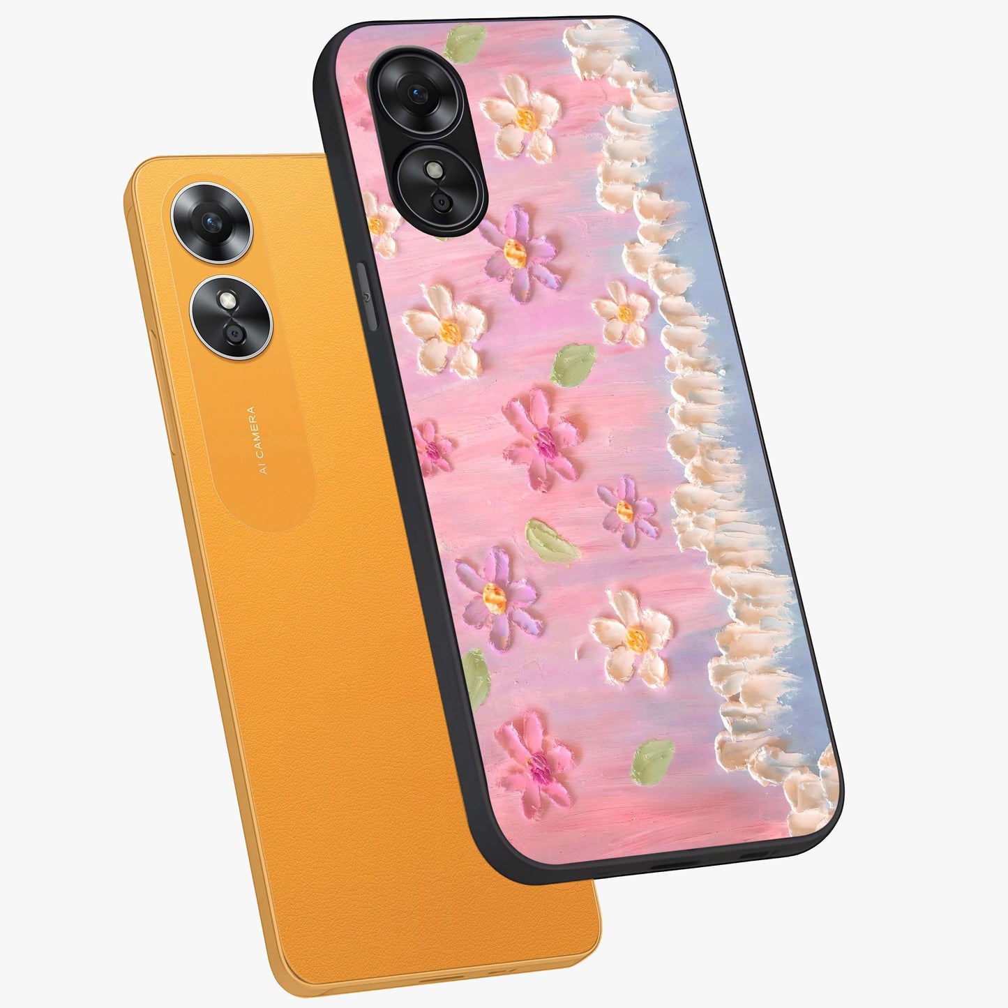 Dreamy Painted Garden Glass Case displayed in angled mockup highlighting colorful garden illustration with dreamy aesthetic style.