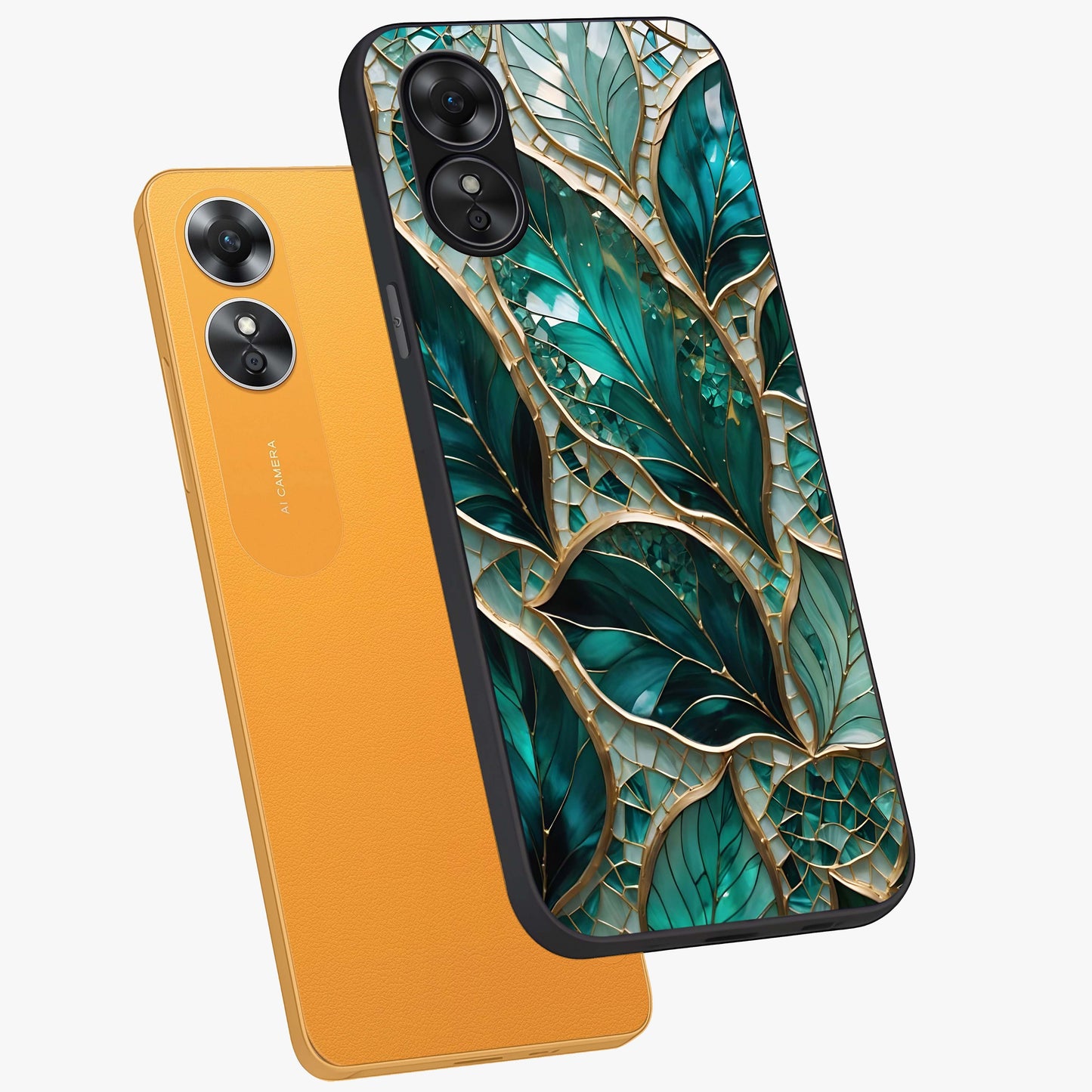 Emerald Leaf Glass Glass Case displayed in angled mockup highlighting botanical leaf illustration with elegant natural aesthetic.