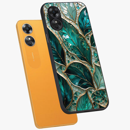 Emerald Leaf Glass Glass Case displayed in angled mockup highlighting botanical leaf illustration with elegant natural aesthetic.