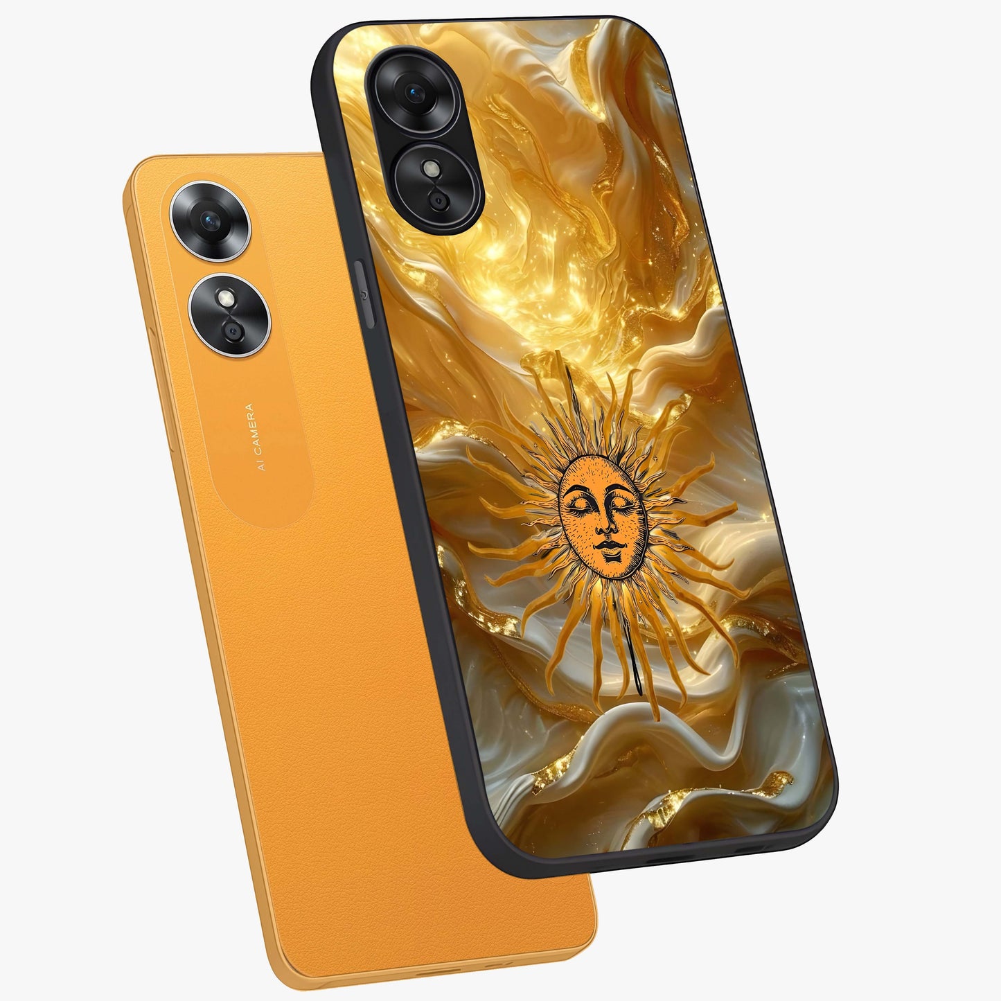 Eternal Golden Glow Glass Case displayed in angled mockup highlighting glowing golden aesthetic design with elegant style.