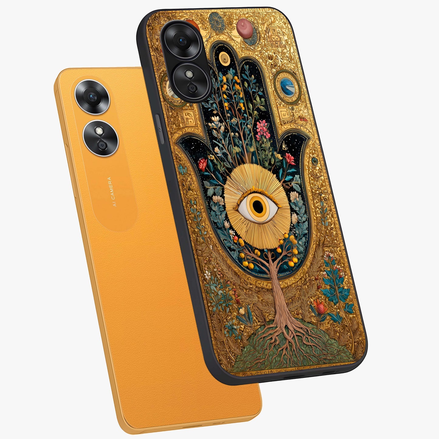 Ethereal Evil Eye Glass Case displayed in angled mockup highlighting protective evil eye symbol with spiritual aesthetic design.
