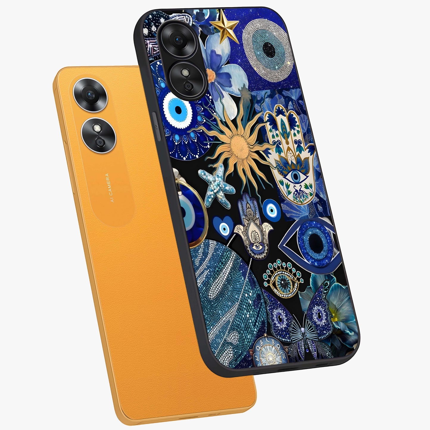 Evil Eye Charm Mix Glass Case displayed in angled mockup highlighting protective evil eye symbols with spiritual aesthetic design.