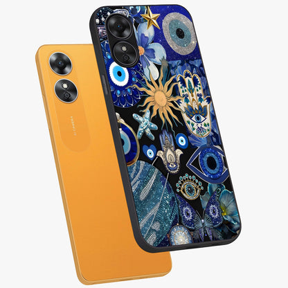 Evil Eye Charm Mix Glass Case displayed in angled mockup highlighting protective evil eye symbols with spiritual aesthetic design.