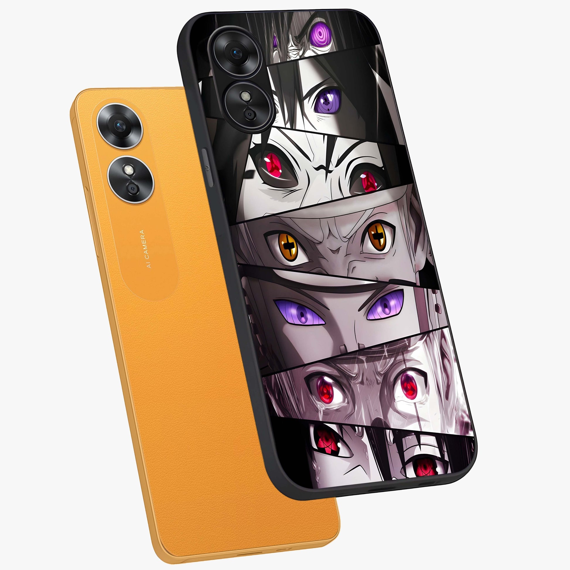 Eyes of Destiny Glass Case displayed in angled mockup highlighting bold eye illustration with mystical aesthetic style.