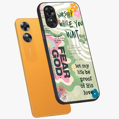 Faith Over Fear Glass Case displayed in angled mockup highlighting inspirational message design with modern aesthetic style.