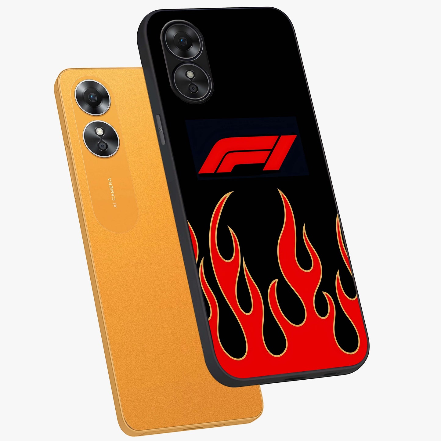 Fire F11 Glass Case displayed in angled mockup highlighting bold fire inspired graphic with energetic aesthetic style.