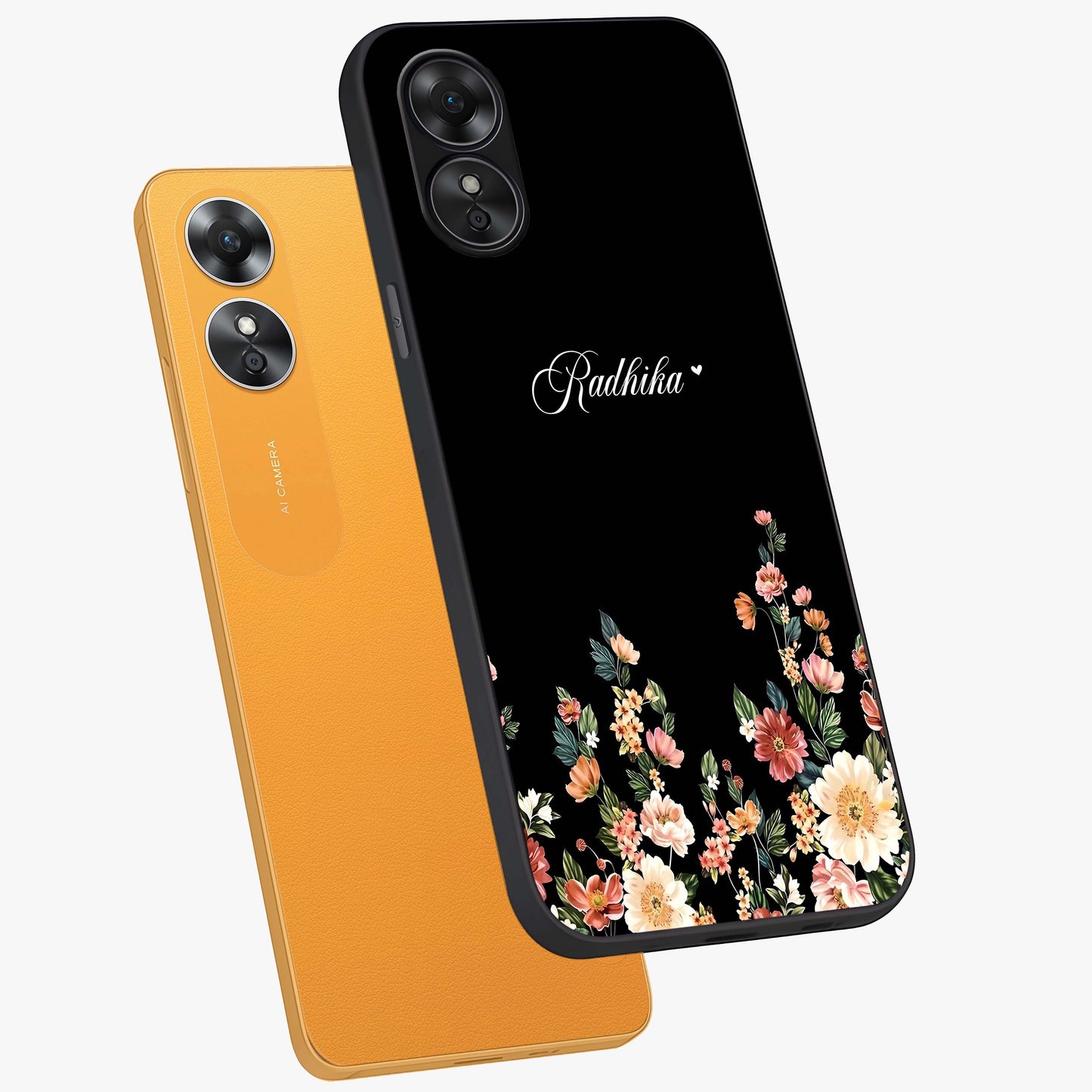 Floral Design With a Custom Personalized Name Glass Case displayed in angled mockup highlighting elegant floral pattern with custom name feature.