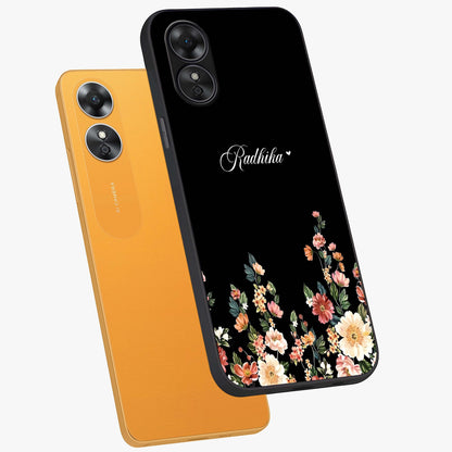 Floral Design With a Custom Personalized Name Glass Case displayed in angled mockup highlighting elegant floral pattern with custom name feature.