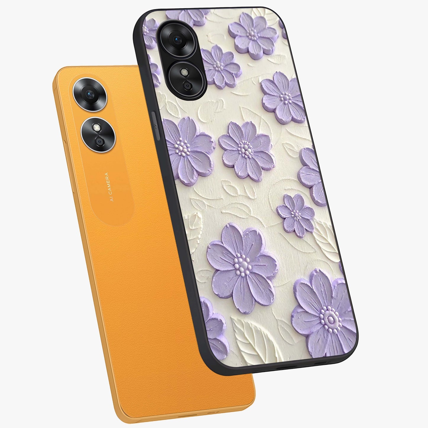Floral Wall Art With Purple Flowers Glass Case displayed in angled mockup highlighting vibrant purple floral illustration with artistic aesthetic.