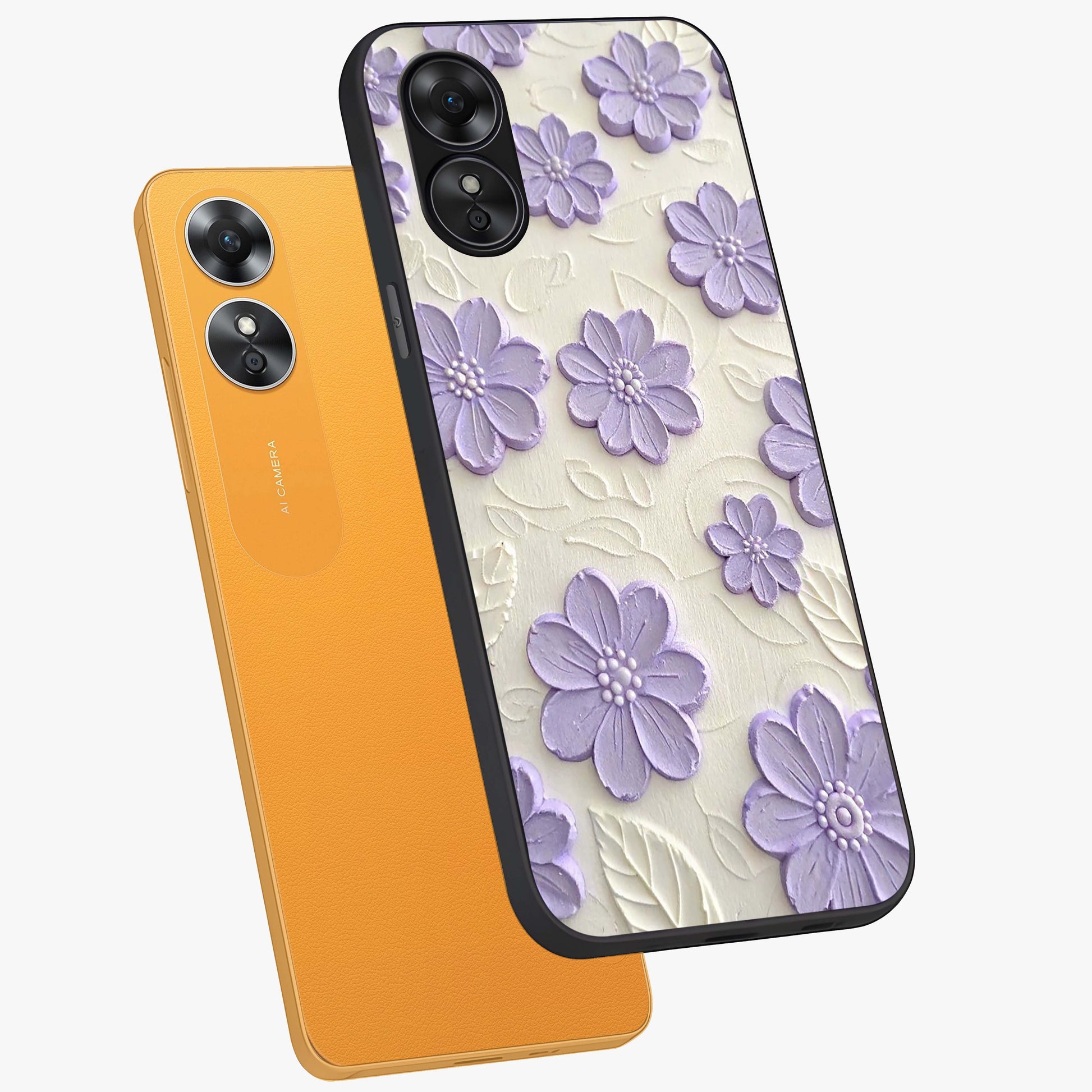 Floral Wall Art With Purple Flowers Glass Case displayed in angled mockup highlighting vibrant purple floral illustration with artistic aesthetic.