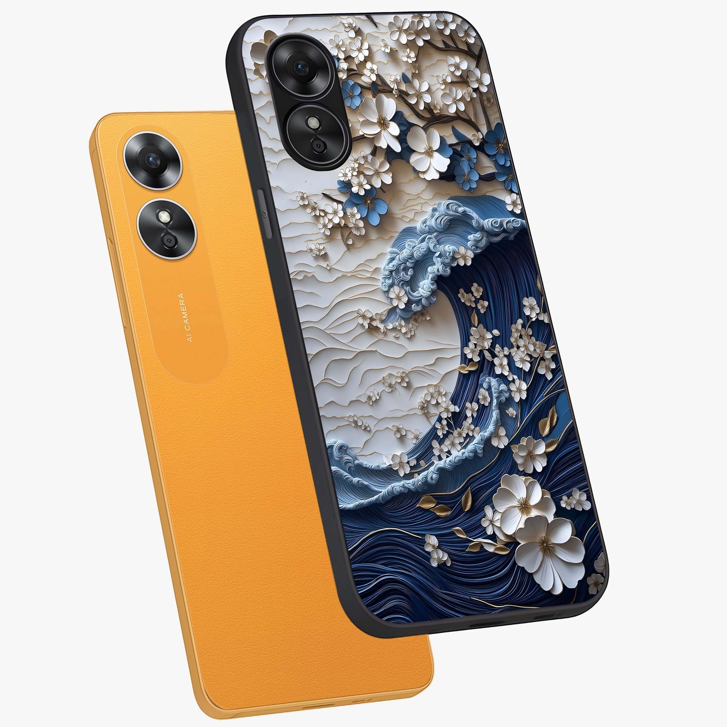Floral Wave Origami Glass Case displayed in angled mockup highlighting geometric origami flower design with modern aesthetic style.
